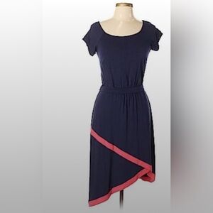 Navy Knit Bi-level Dress with watermelon pink accent trim by Only Hearts